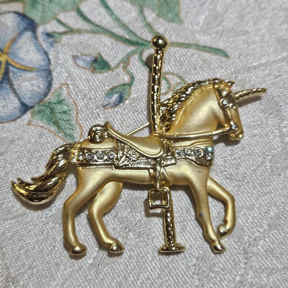 vintage whimsical unicorn carousel gold tone brooch